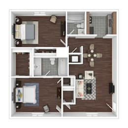 Two bedroom 3D floor plan with two bathrooms at Northwood Heights Apartments, Dallas