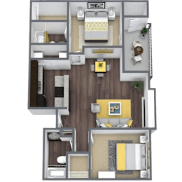 A 3D floor plan of a house with a kitchen, living room, and two bedrooms.