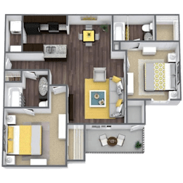 A 3D floor plan of a house with a living room, kitchen, and two bedrooms.