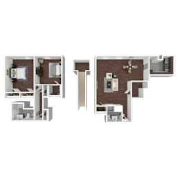 Two story 3D floor plan with open living space at Northwood Heights Apartments, Texas
