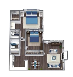 A top-down view of a house layout with a central living area, bedrooms, a kitchen, and a bathroom.