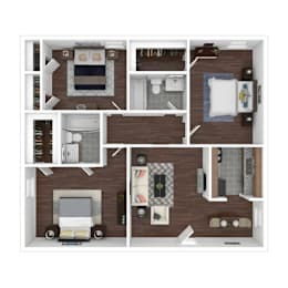 Three bedroom 3D floor plan with two bathrooms at Northwood Heights Apartments, Dallas, TX 75248