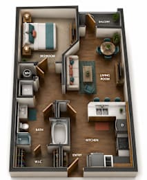 A 3D floor plan of a small apartment with a living room, kitchen, bathroom, and bedrooms.