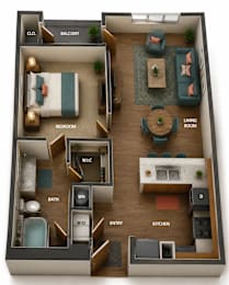 A 3D floor plan of a small apartment with a living room, kitchen, bedroom, and bathroom.