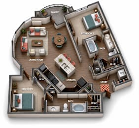 A 3D diagram of a house layout with labeled rooms.