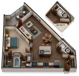 A 3D floor plan of a house showing the layout of the rooms.