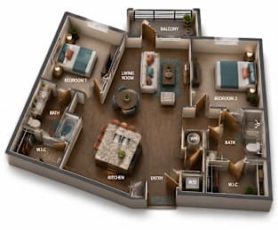 A 3D layout of a house with labeled rooms such as kitchen, living room, and bedrooms.