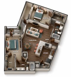 A 3D layout of a house showing the arrangement of the living room, kitchen, bedrooms, and bathrooms.