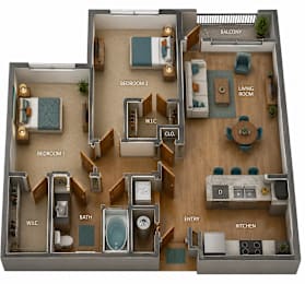 A 3D layout of a house showing the arrangement of the bedrooms, bathrooms, kitchen, and living room.