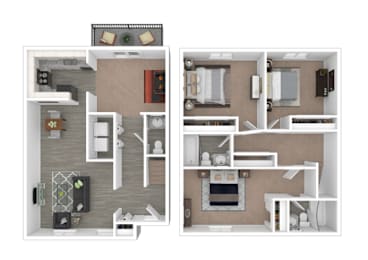 Two images of a house layout with a kitchen, living room, and bathroom.