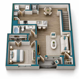A 3D floor plan of a house with labeled rooms.