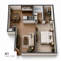 One bedroom floor plan with open layout at The Finley Apartments, Dallas, TX
