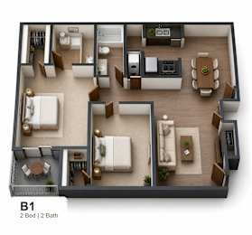 Two bedroom two bathroom apartment floor plan at The Finley Apartments, Dallas, Texas