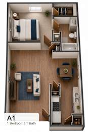 1 bed 1 bath floorplan with walk-in closet at The Hangar Apartments, Cedar Hill