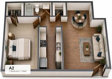 1 bedroom 1 bath 3D floorplan at The Hangar Apartments, Texas