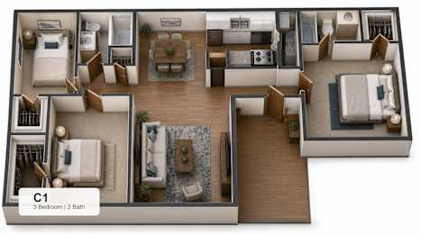 Three bed two bath 3D floorplan at The Hangar Apartments, Cedar Hill, TX