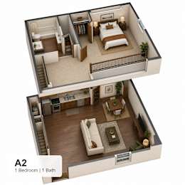 A 3D floor plan of a one bedroom apartment with a bathroom.