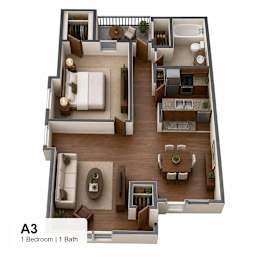 A 3D floor plan of a one bedroom apartment with one bathroom.