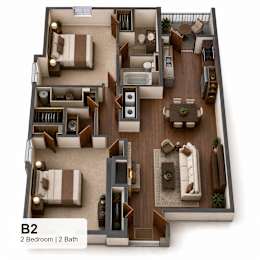 A 2 bedroom apartment with 2 bathrooms is shown in this image.