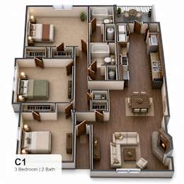 A 3 bedroom apartment with 2 bathrooms is labeled C1.