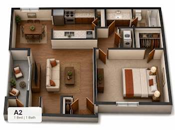 A 2 bedroom apartment with 1 bathroom.