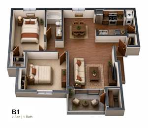 A 2 bedroom apartment with 1 bathroom is shown in this image.
