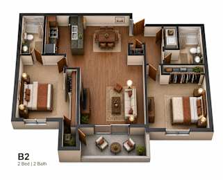 A 2 bedroom apartment with 2 bathrooms is shown in this image.