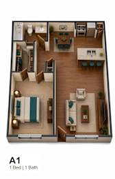 A 1 bedroom apartment with a bathroom.