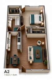 A 2 bedroom apartment with 1 bathroom.