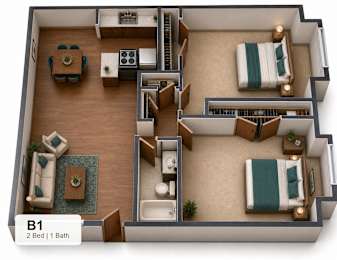 A 2 bedroom apartment with one bathroom is labeled B1.