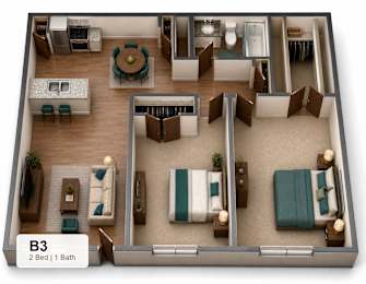 A 3D floor plan of a B3 apartment with two bedrooms and one bathroom.
