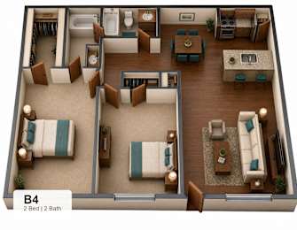A 3D floor plan of a B4 apartment with two bedrooms and two bathrooms.