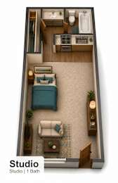 A Studio apartment with 1 bath.