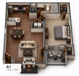 3D floor plan layout for one bedroom apartment at Marshall Apartments, Balch Springs, 75180