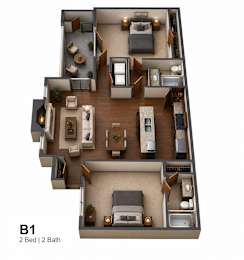 3D floor plan layout for two bedroom apartment at Marshall Apartments, Balch Springs, Texas