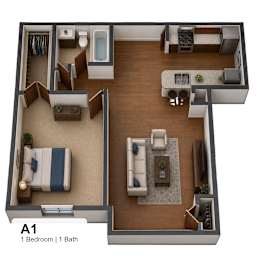1 bedroom one bathroom floorplan with walk-in closet at The Meadows Apartments, Texas