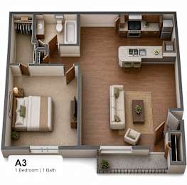 One bedroom 1 bath 3D floorplan at The Meadows Apartments, Garland, TX 75043