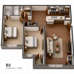 Two bedroom 1 bathroom floorplan at The Meadows Apartments, Garland, 75043