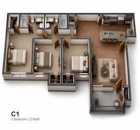 3 bed 2 bath floorplan with balcony at The Meadows Apartments, Garland, Texas