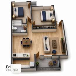 A 2 Bedroom apartment with 1 Bathroom is shown in this image.