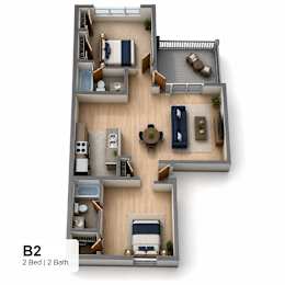 A 2 bedroom apartment with 2 bathrooms is shown in the image.