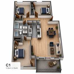 A 3 bedroom apartment with 2 bathrooms is labeled C1.