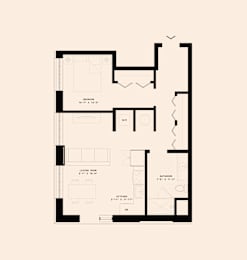 A floor plan of a house with a living room, dining room, kitchen, and bathrooms.