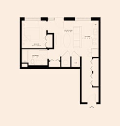 A floor plan of a house with a living room, kitchen, and bathrooms.