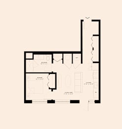 A floor plan of a house with a kitchen, living room, and two bedrooms.