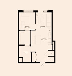 A floor plan of a house with a living room, kitchen, and bathroom.