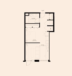 A floor plan of a house with a living room, kitchen, and two bedrooms.