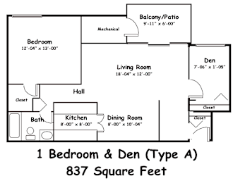 A floor plan of a 1 Bedroom and Den Type A, which is 837 square feet.