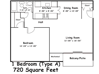 A floor plan of a 720 square feet one bedroom apartment.