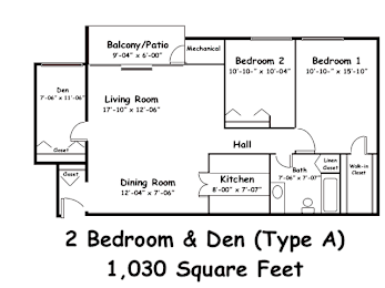 A floor plan of a 2 Bedroom and Den apartment.